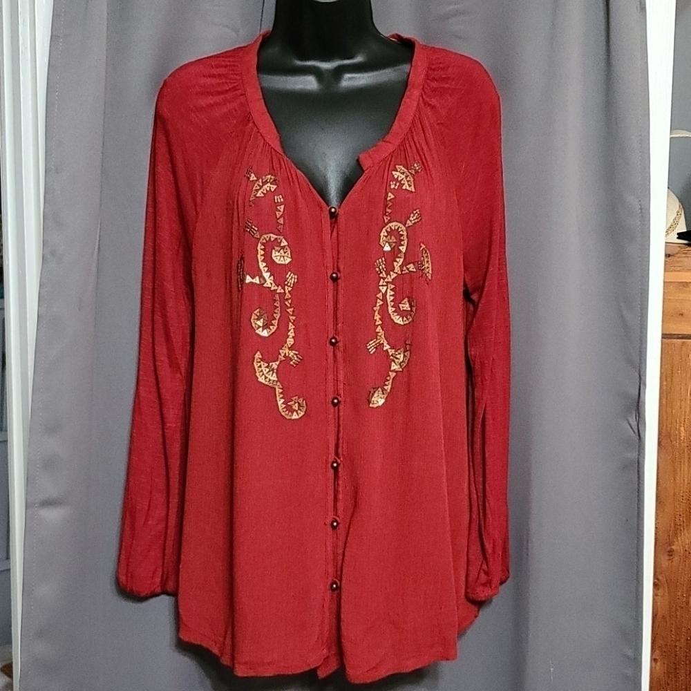 Code Bleu women's gauzy‎ top Rusty cranberry w/triangular gold sequins size S